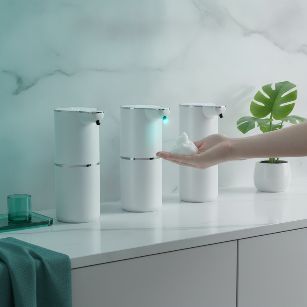 Multiple sleek Sensor Soap Dispensers on a minimalist bathroom counter against a bright white and soft gray background with a