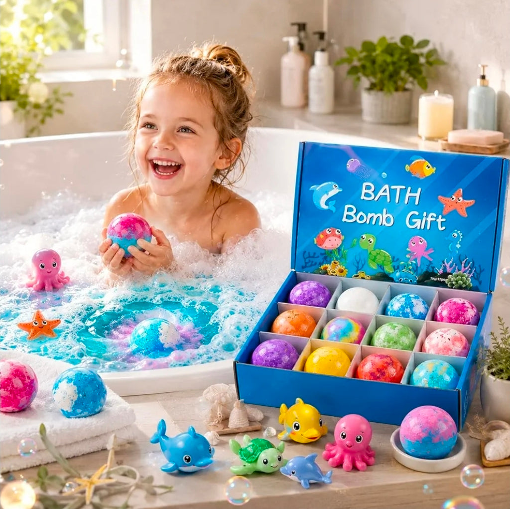 Bath Bomb Gift Set for Kids 12Pack with Ocean Toys | Natural, Skin-Friendly & Fun