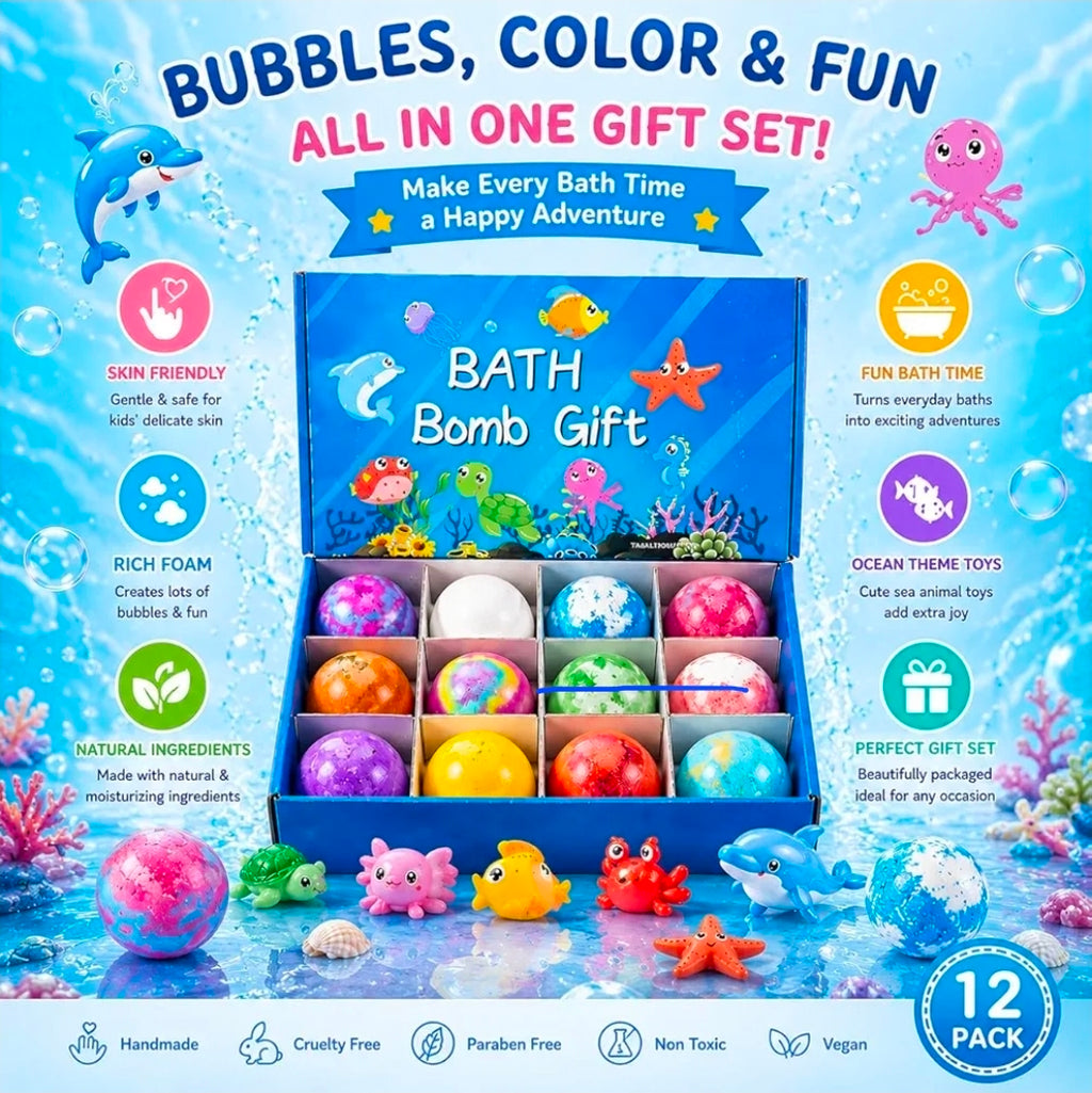 Bath Bomb Gift Set for Kids 12Pack with Ocean Toys | Natural, Skin-Friendly & Fun