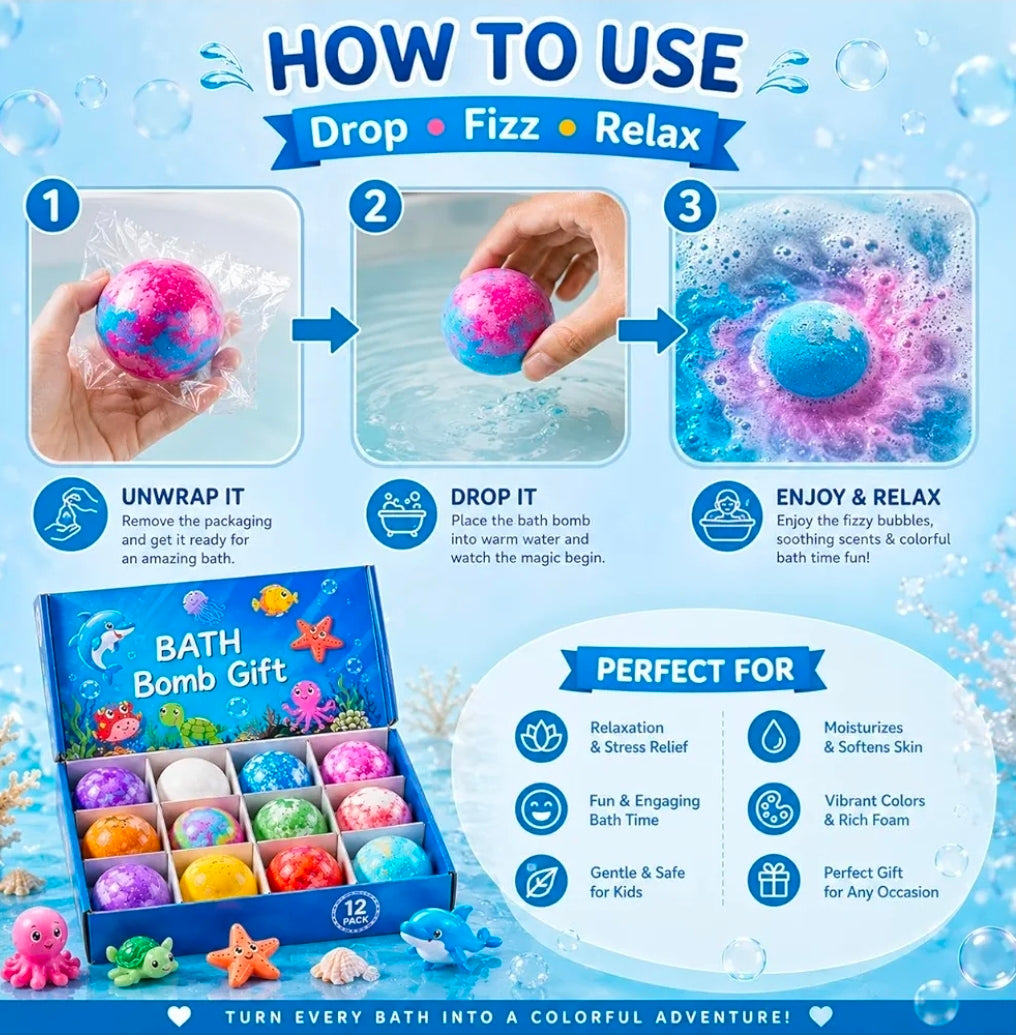 Bath Bomb Gift Set for Kids 12Pack with Ocean Toys | Natural, Skin-Friendly & Fun