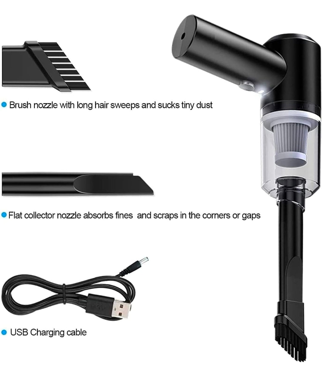 3-in-1 Portable Car Vacuum Cleaner with Blower, USB Rechargeable, Black, Wireless Handheld Mini Design, Strong Suction, Washable HEPA Filter for Car, Home, Travel