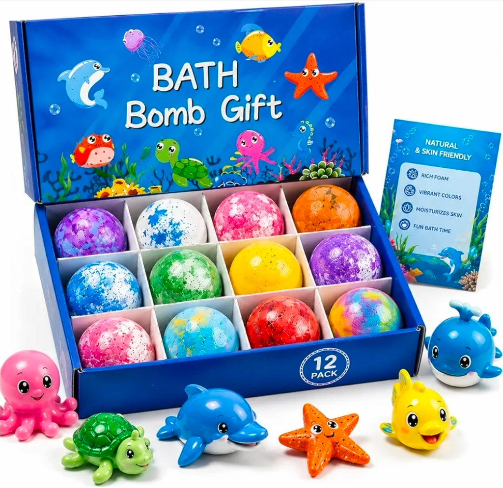 Bath Bomb Gift Set for Kids 12Pack with Ocean Toys | Natural, Skin-Friendly & Fun