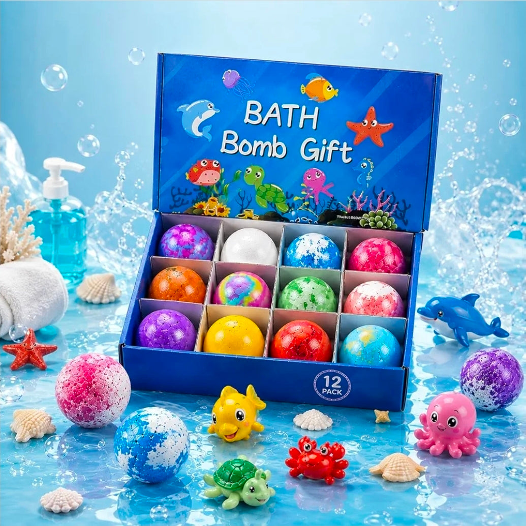 Bath Bomb Gift Set for Kids 12Pack with Ocean Toys | Natural, Skin-Friendly & Fun