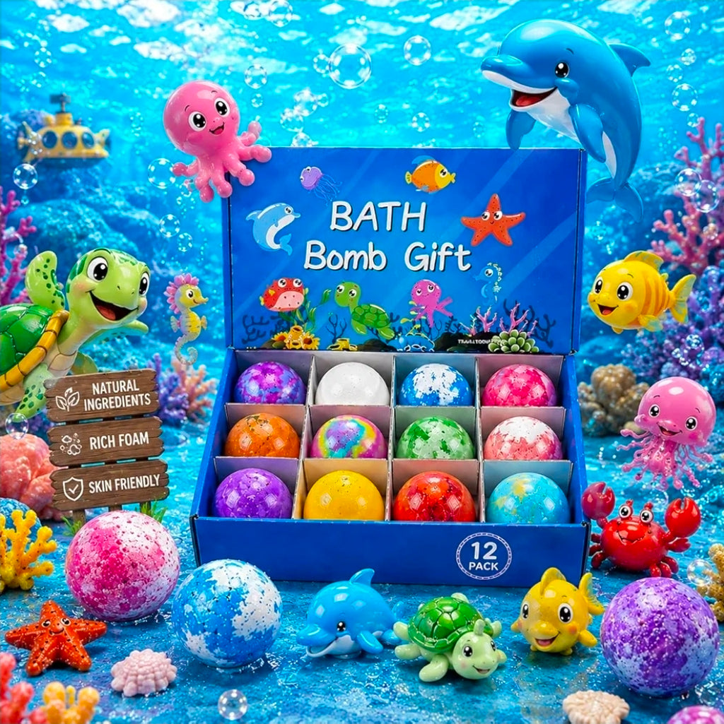 Bath Bomb Gift Set for Kids 12Pack with Ocean Toys | Natural, Skin-Friendly & Fun