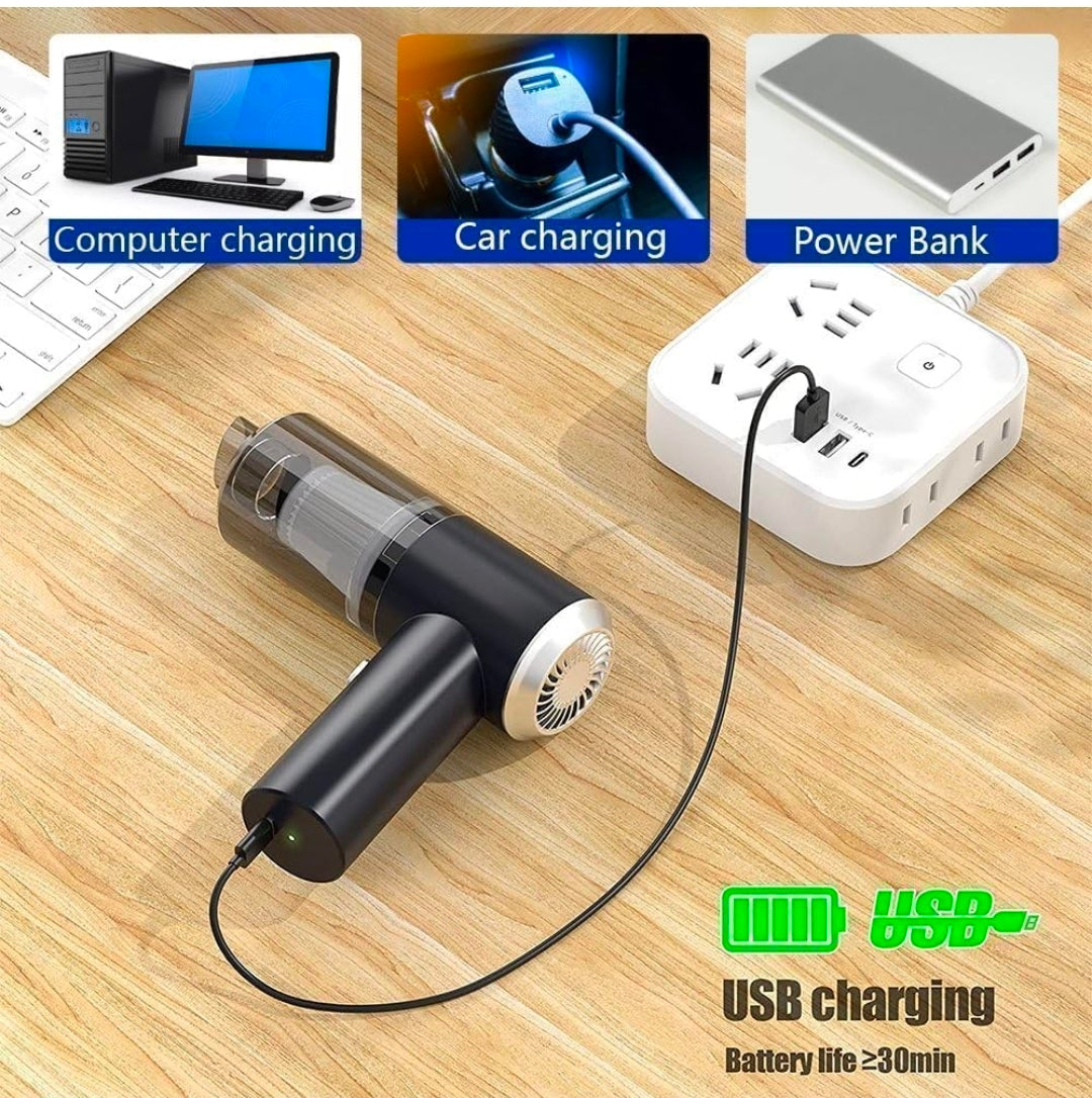 3-in-1 Portable Car Vacuum Cleaner with Blower, USB Rechargeable, Black, Wireless Handheld Mini Design, Strong Suction, Washable HEPA Filter for Car, Home, Travel